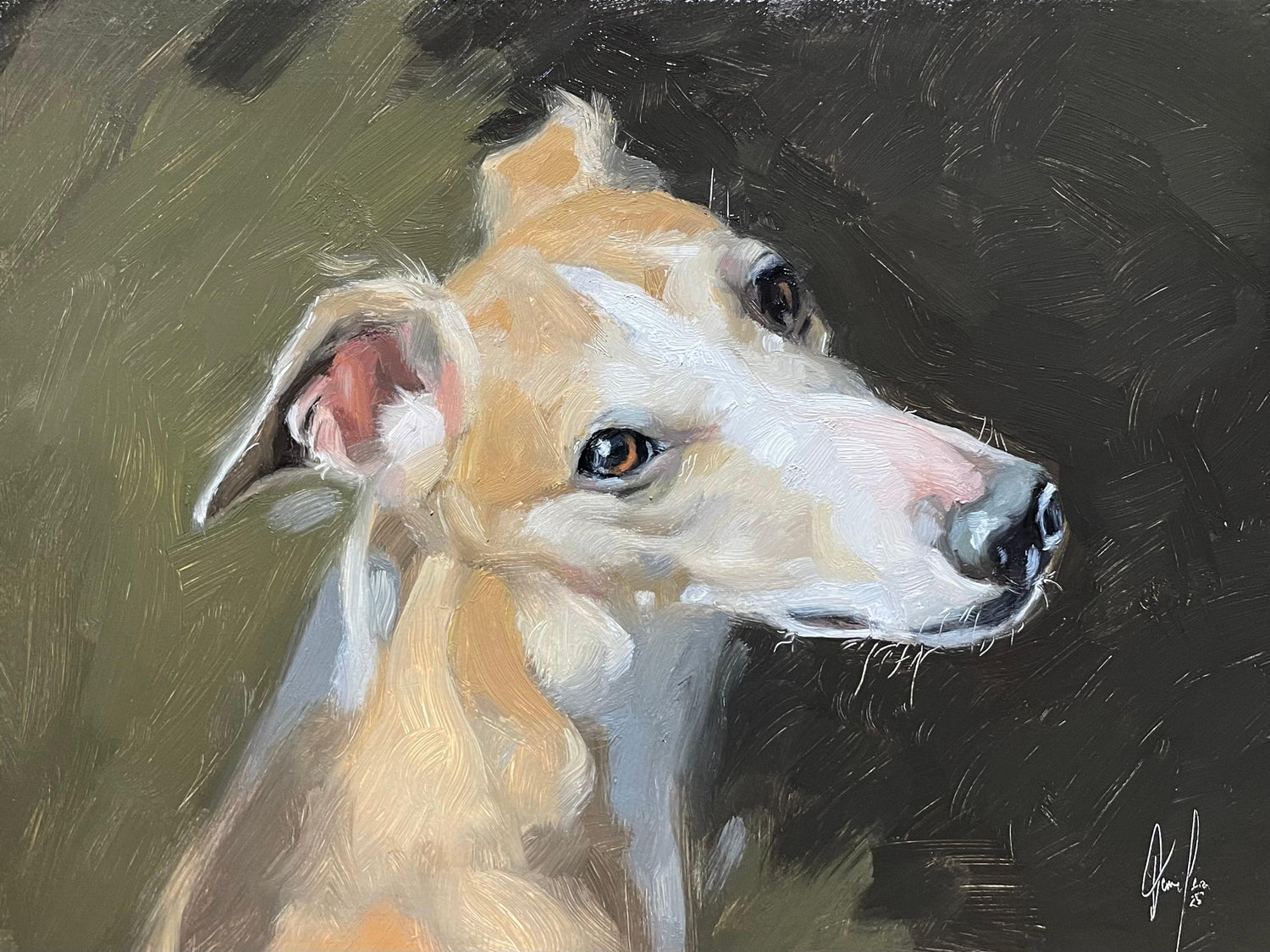 Expressive hand-painted oil portrait of a dog